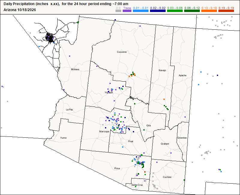 CoCoRaHS Arizona daily precipitation map for October 18, 2026