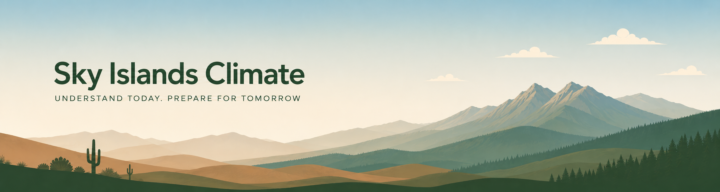 Panoramic illustrated banner of the Sky Islands Climate site: a saguaro-dotted desert foreground rising through hazy mid-elevation ranges to twin forested peaks, with the site title and tagline overlaid