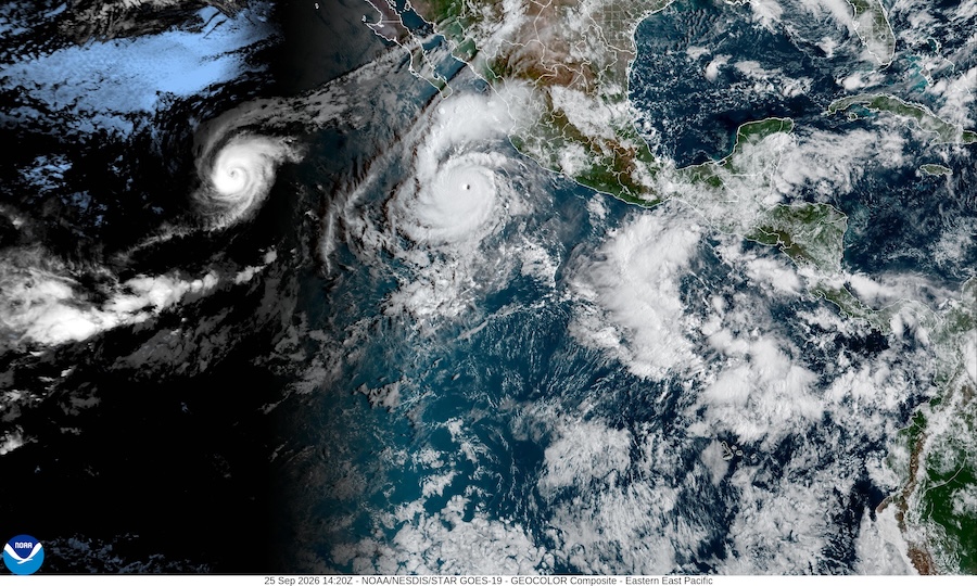 GOES-19 satellite image from the morning of September 25, 2026 showing Hurricane Polo with a well-defined eye and Hurricane Odalys to the northwest.