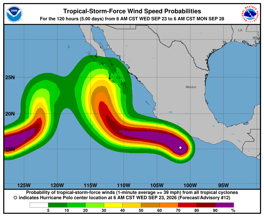 NHC map showing the probability of tropical-storm-force winds from Hurricane Polo over the 120 hours from 6 AM CST Wednesday, September 23 through 6 AM CST Monday, September 28, 2026, with the storm's center off Mexico's Pacific coast per Advisory #12.
