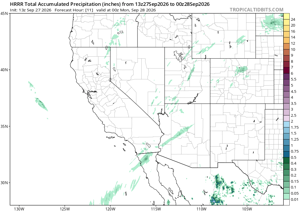 HRRR model total accumulated precipitation forecast for the southwestern US, initialized 13z September 27, 2026, valid at 00z Monday, September 28, showing minimal accumulation over central Arizona through this evening.