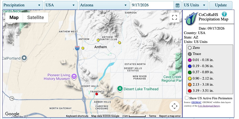 Map of CoCoRaHS precipitation reports for the Anthem, Arizona area on September 17, 2026. Two stations near Anthem Country Club and one near Anthem itself show lower totals in the 0.19 to 2.12 inch range. A station well to the south, near Desert Hills and Tramonto, shows 3.19 to 3.51 inches, the highest total on the map.