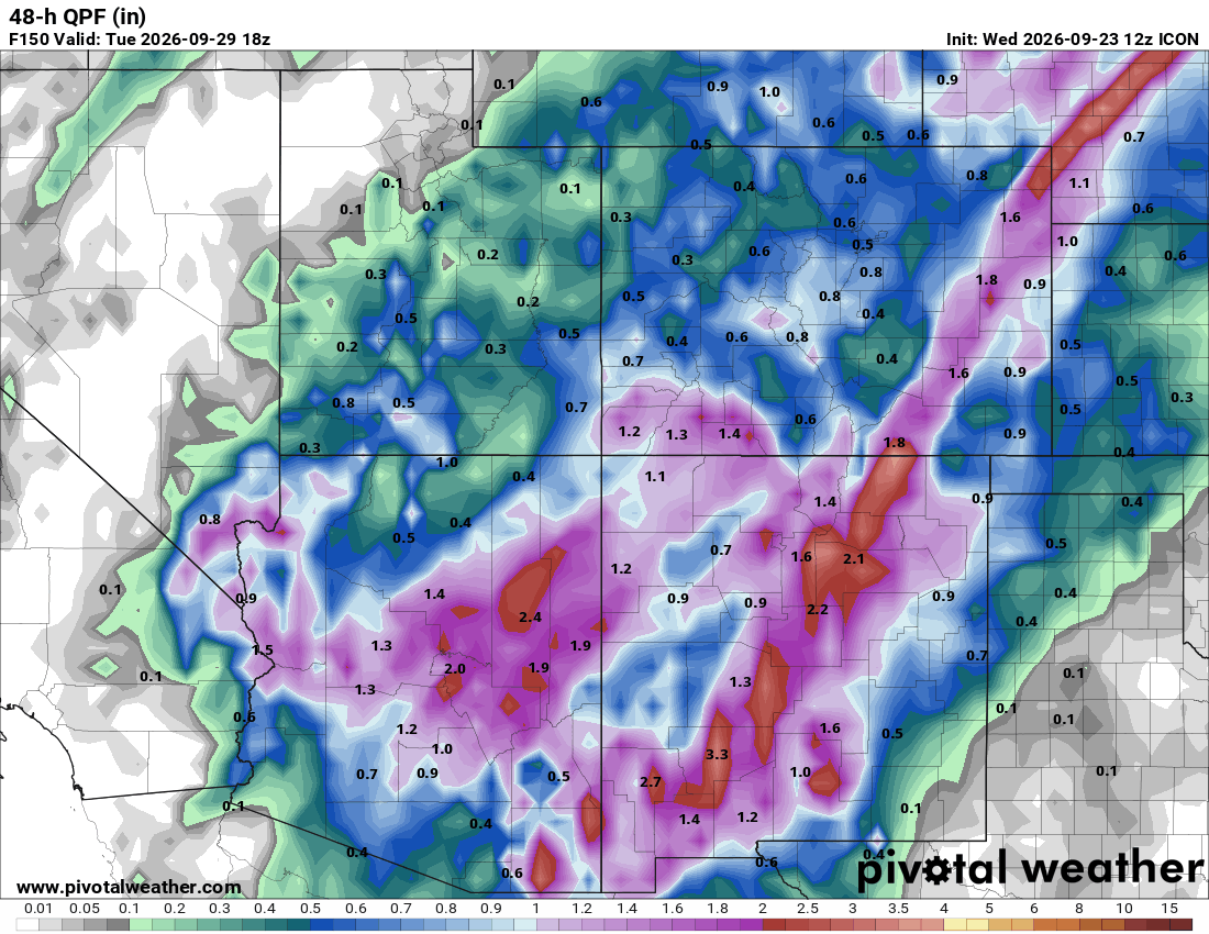 Animated comparison of the ICON, ECMWF, and GFS 48-hour precipitation forecast maps valid Tuesday, September 29, 2026 at 18z, all from the 12z September 23 run cycle, showing closer agreement across the three models than in earlier runs.