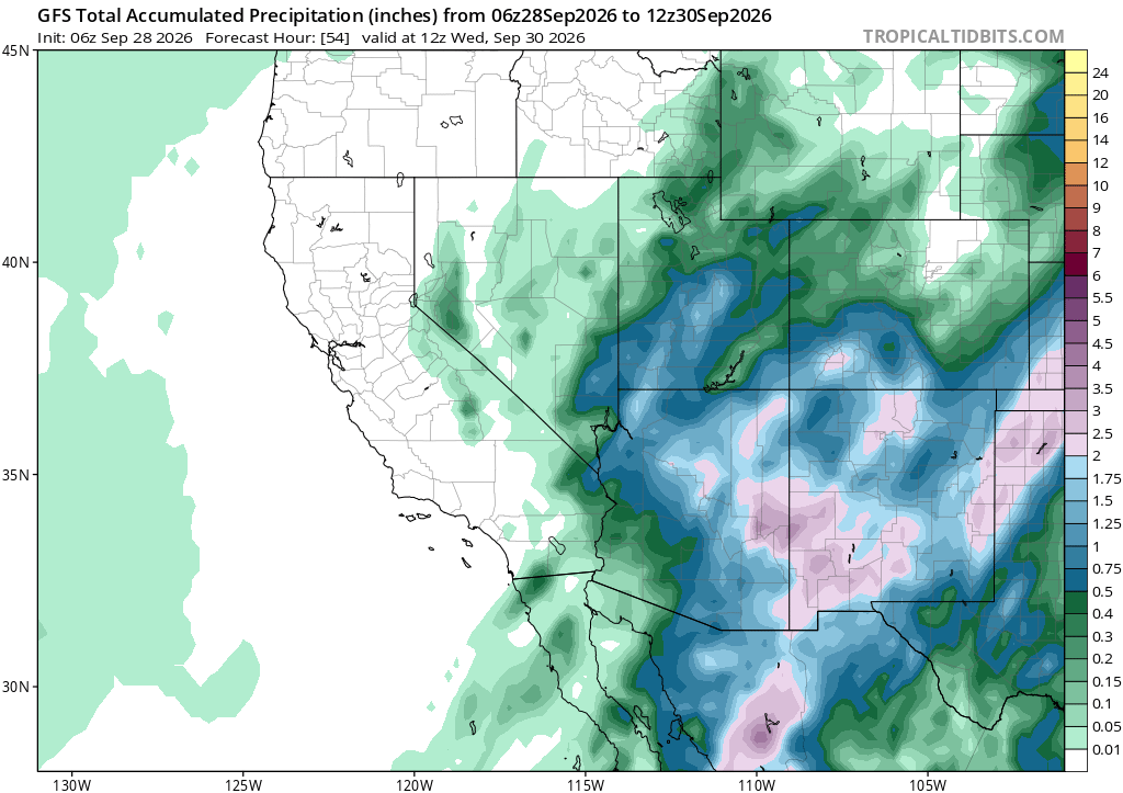 Animated comparison of GFS, ECMWF, ICON (06z init) and HRRR (12z init) total accumulated precipitation, all valid 12z Wednesday, September 30, 2026, showing a wide band of moderate to heavy rain covering nearly all of Arizona and New Mexico.