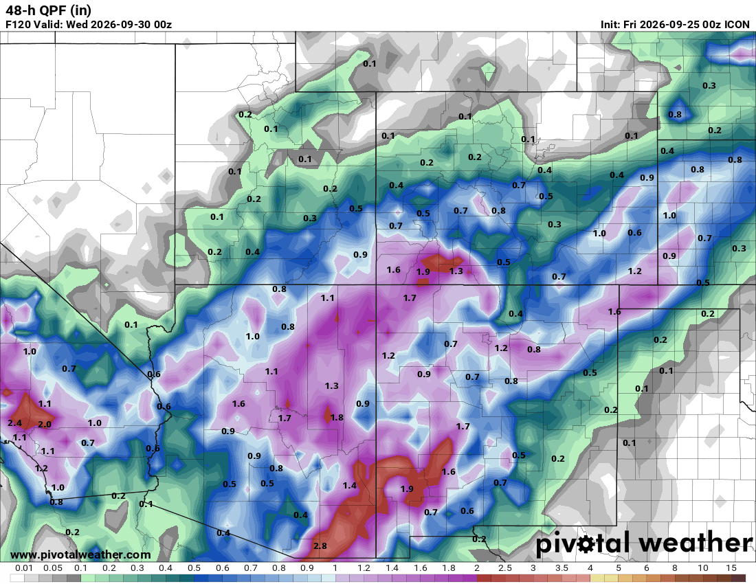 Animated comparison of ICON, ECMWF, and GFS 48-hour precipitation forecasts for Arizona, valid Wednesday, September 30 at 00Z.