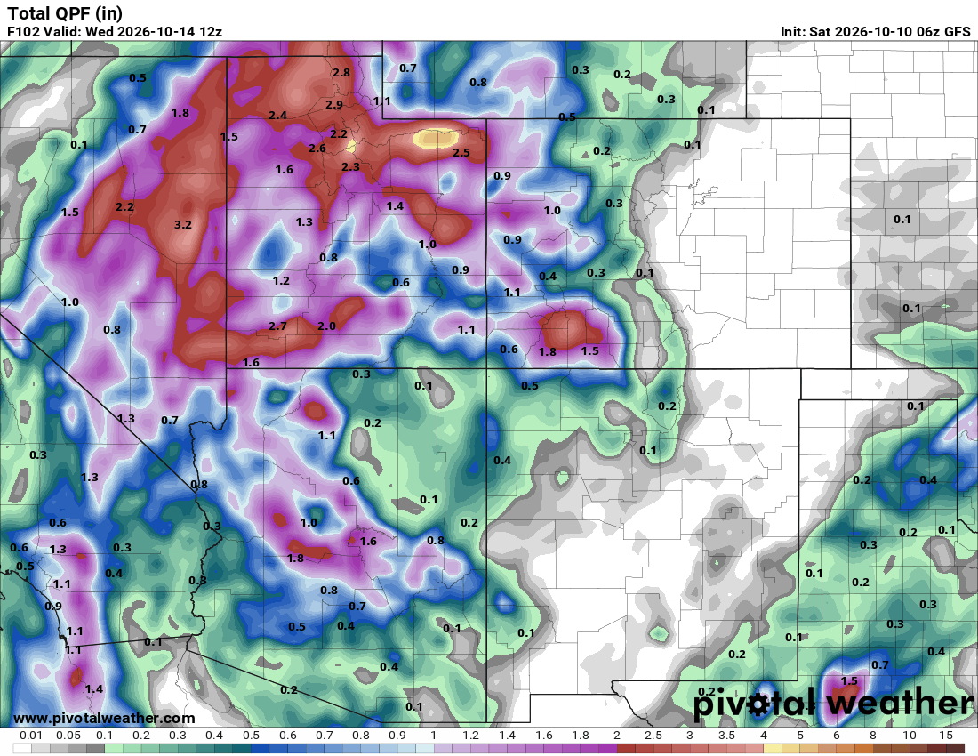 Animated comparison of GFS, IFS and ICON total QPF forecasts for Arizona, valid Wednesday October 14, 2026