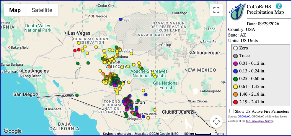 CoCoRaHS precipitation map for Arizona, dated 09/29/2026, showing station reports color-coded by rainfall range across the Flagstaff, Phoenix, and Tucson areas.