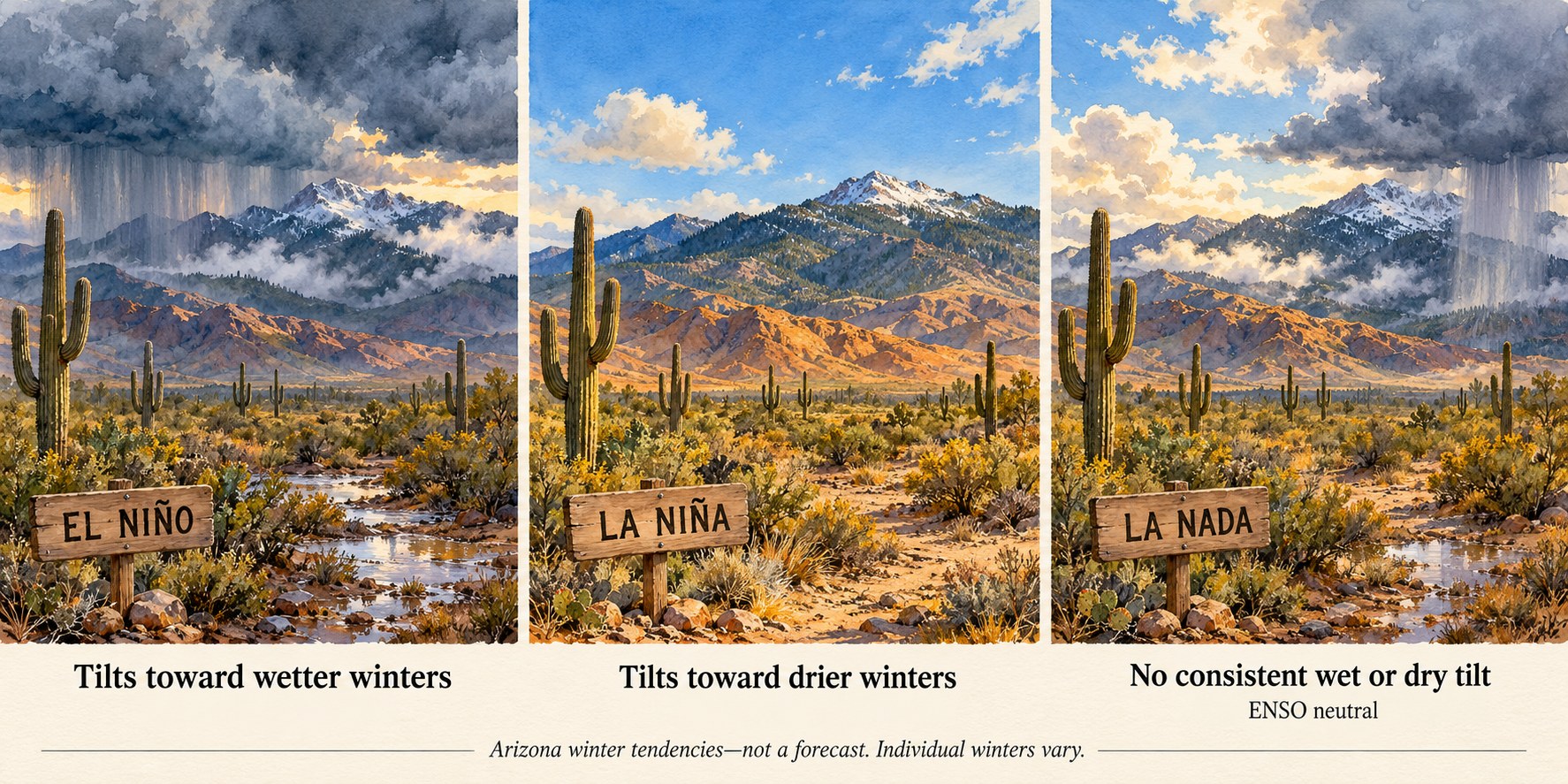 Three watercolor panels of the same Arizona desert scene, with saguaros below a snow-capped sky island range. The El Niño panel shows storm clouds, rain, and flowing water, labeled "Tilts toward wetter winters." The La Niña panel shows clear skies and dry ground, labeled "Tilts toward drier winters." The La Nada panel, labeled "ENSO neutral," shows mixed sun and a distant shower, labeled "No consistent wet or dry tilt." A caption reads: Arizona winter tendencies, not a forecast. Individual winters vary.
