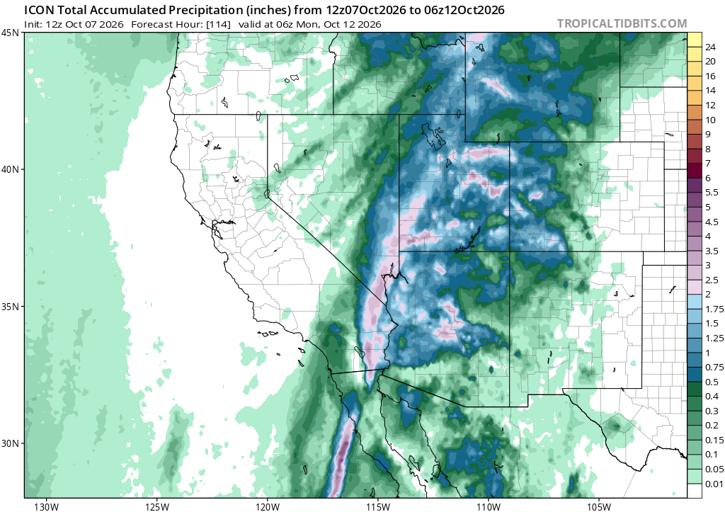 ICON model total accumulated precipitation forecast for the Southwest, valid October 7 through October 12, 2026, via Tropical Tidbits