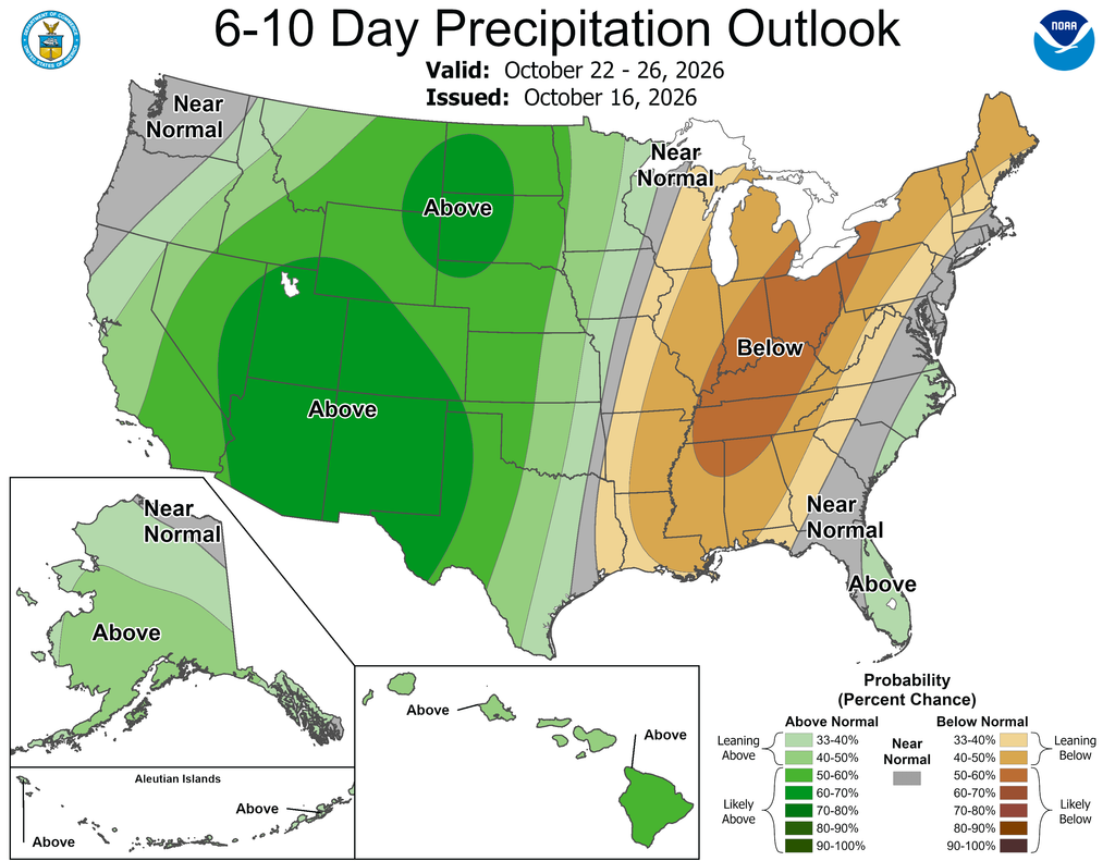 NOAA Climate Prediction Center 6-10 Day Precipitation Outlook map, valid October 22-26, 2026, issued October 16. Arizona, New Mexico, Colorado and Utah are shaded dark green for likely above-normal precipitation, with probabilities of roughly 60 to 70 percent.