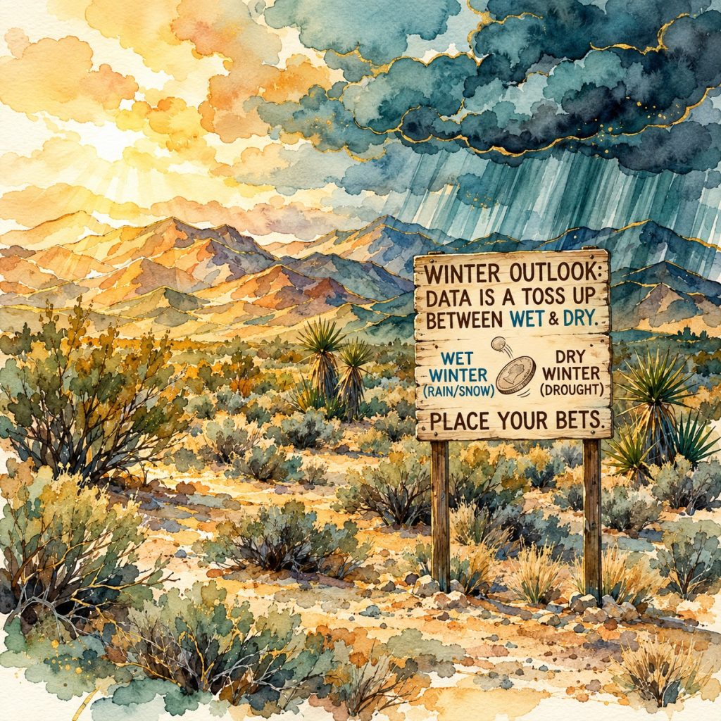 A watercolor painting of a weathered wooden desert sign reading "Winter Outlook: Data is a toss up between Wet & Dry. Place your bets," with a coin flipping between the two choices, set against a Southwest desert landscape where the sky splits between warm golden sunlight and a dark teal storm.
