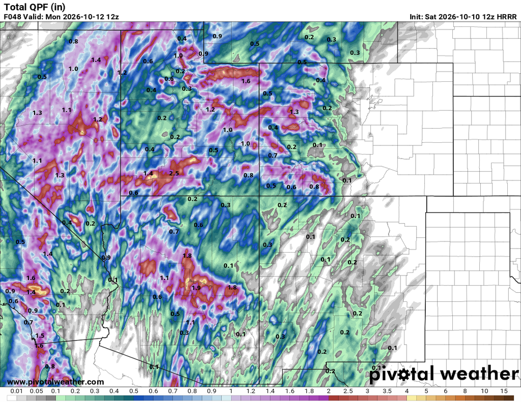 HRRR total precipitation forecast for Arizona, valid through Monday October 12 at 12z