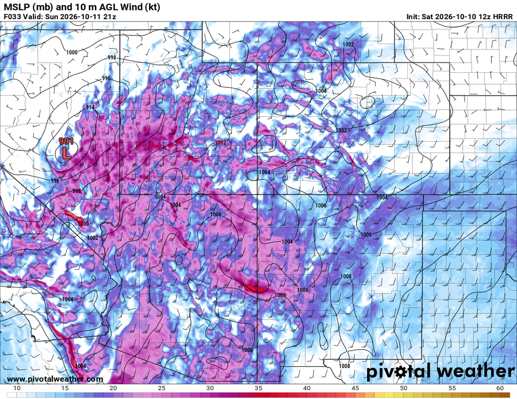 HRRR surface pressure and wind forecast for Arizona, valid Sunday October 11 at 21z